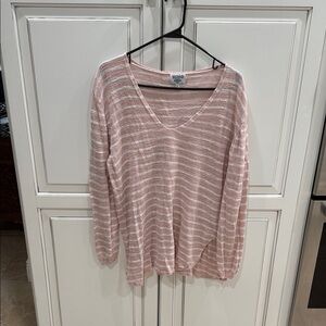 Pink and White Striped V-Neck Sweater